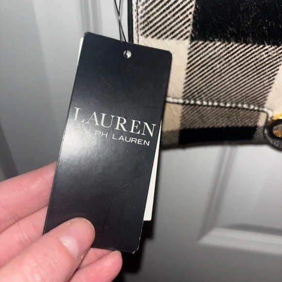 Ralph Lauren Black and Cream Plaid Crossbody Buffalo check hair on hide wallet - Picture 7 of 15